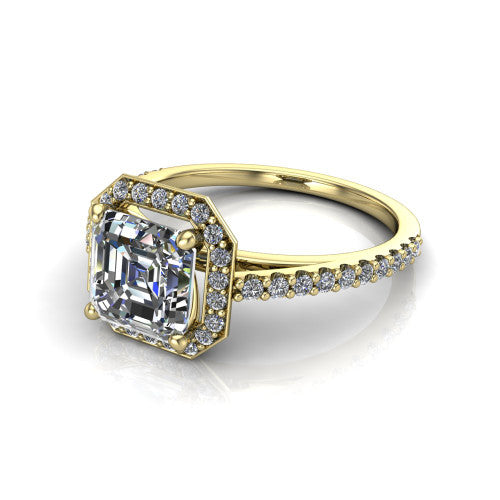 Oaklyn square emerald halo engagement ring in 18K Yellow Gold, three-quarter perspective showing the step-cut square emerald center diamond inside a pave halo on pave-set shoulders rising into a cathedral basket