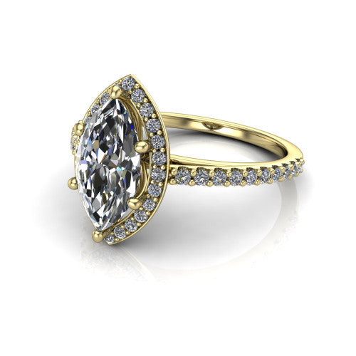 Oaklyn marquise halo engagement ring in 14K Yellow Gold, three-quarter perspective showing the brilliant marquise center diamond inside a pave halo on pave-set shoulders rising into a cathedral basket