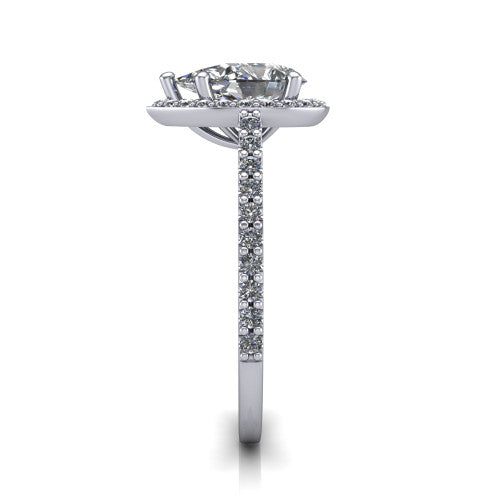 Oaklyn pear halo engagement ring in 18K White Gold, side profile showing the cathedral basket, pave-set shoulders, and open under-gallery