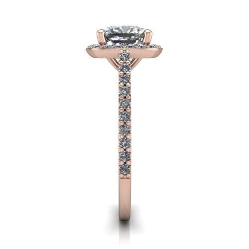 Oaklyn cushion halo engagement ring in 18K Rose Gold, side profile showing the cathedral basket, pave-set shoulders, and open under-gallery