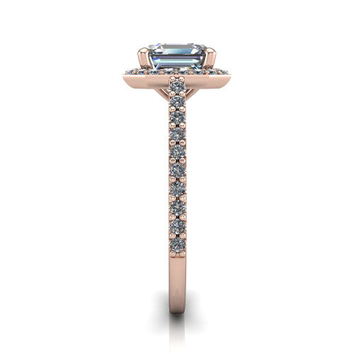 Oaklyn square emerald halo engagement ring in 14K Rose Gold, side profile showing the cathedral basket, pave-set shoulders, and open under-gallery