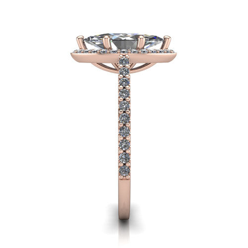 Oaklyn marquise halo engagement ring in 18K Rose Gold, side profile showing the cathedral basket, pave-set shoulders, and open under-gallery