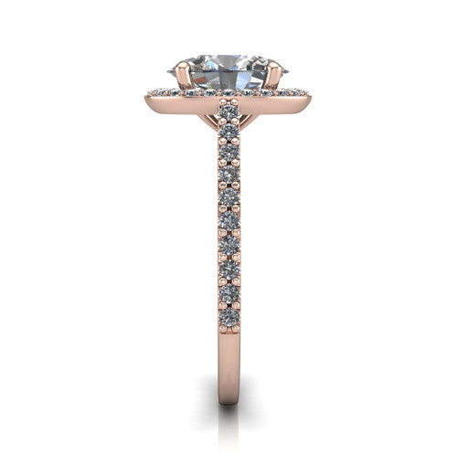 Oaklyn oval halo engagement ring in 18K Rose Gold, side profile showing the cathedral basket, pave-set shoulders, and open under-gallery