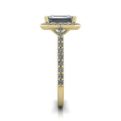 Oaklyn emerald halo engagement ring in 14K Yellow Gold, side profile showing the cathedral basket, pave-set shoulders, and open under-gallery