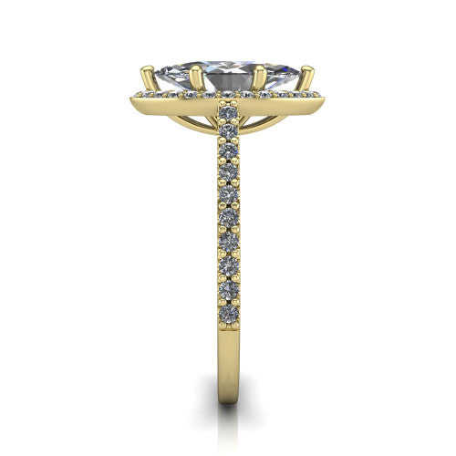 Oaklyn marquise halo engagement ring in 14K Yellow Gold, side profile showing the cathedral basket, pave-set shoulders, and open under-gallery