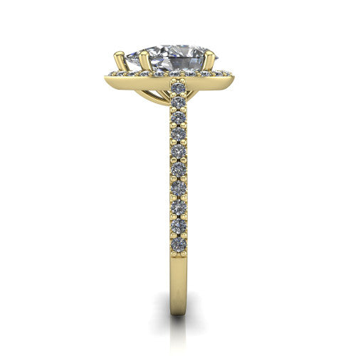 Oaklyn pear halo engagement ring in 14K Yellow Gold, side profile showing the cathedral basket, pave-set shoulders, and open under-gallery