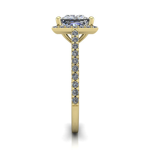 Oaklyn princess halo engagement ring in 14K Yellow Gold, side profile showing the cathedral basket, pave-set shoulders, and open under-gallery