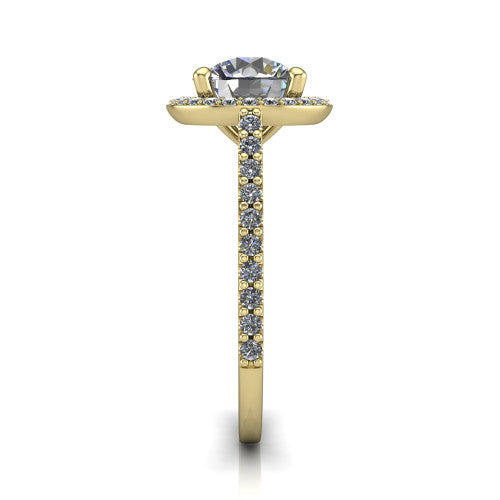 Oaklyn round halo engagement ring in 14K Yellow Gold, side profile showing the cathedral basket, pave-set shoulders, and open under-gallery