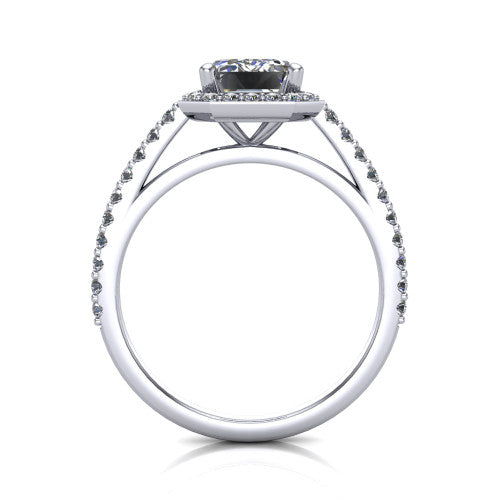 Oaklyn emerald halo engagement ring in 14K White Gold, through-finger front profile showing the halo head, cathedral basket, and open under-gallery