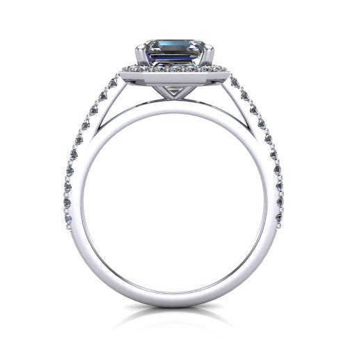 Oaklyn square emerald halo engagement ring in 14K White Gold, through-finger front profile showing the halo head, cathedral basket, and open under-gallery