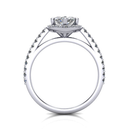 Oaklyn marquise halo engagement ring in 18K White Gold, through-finger front profile showing the halo head, cathedral basket, and open under-gallery