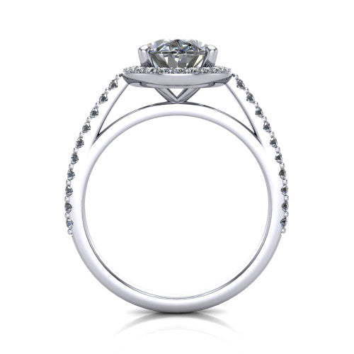 Oaklyn oval halo engagement ring in 14K White Gold, through-finger front profile showing the halo head, cathedral basket, and open under-gallery