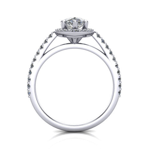 Oaklyn pear halo engagement ring in Platinum, through-finger front profile showing the halo head, cathedral basket, and open under-gallery