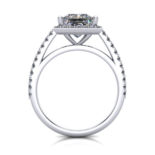Oaklyn princess halo engagement ring in Platinum, through-finger front profile showing the halo head, cathedral basket, and open under-gallery