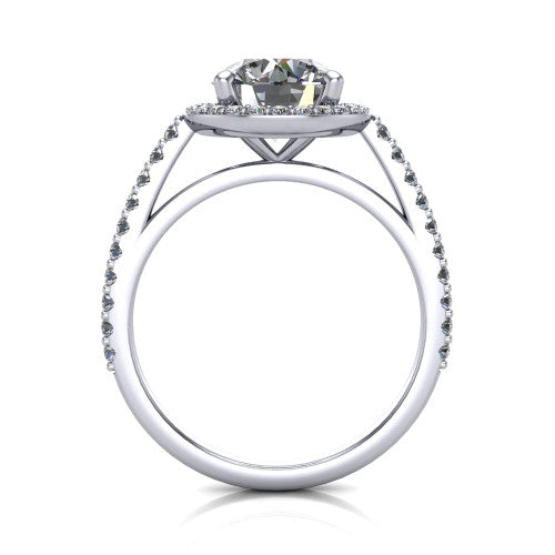 Oaklyn round halo engagement ring in 18K White Gold, through-finger front profile showing the halo head, cathedral basket, and open under-gallery