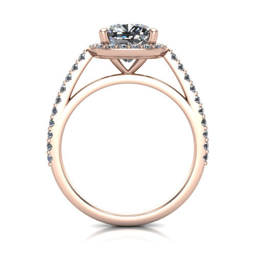 Oaklyn cushion halo engagement ring in 14K Rose Gold, through-finger front profile showing the halo head, cathedral basket, and open under-gallery