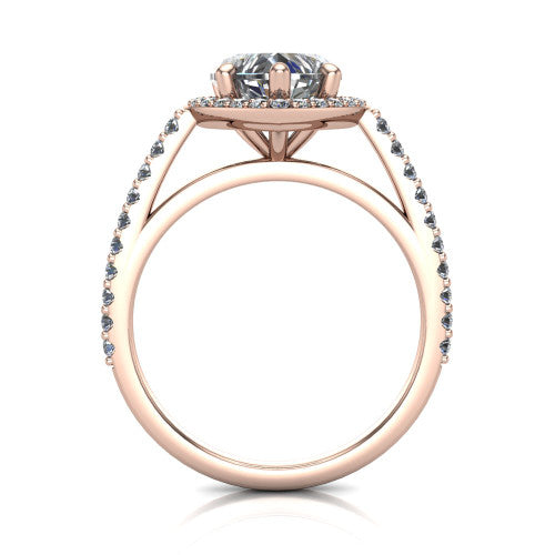 Oaklyn heart halo engagement ring in 18K Rose Gold, through-finger front profile showing the halo head, cathedral basket, and open under-gallery