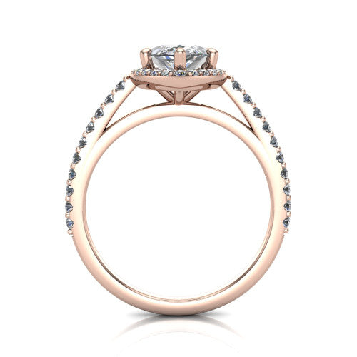 Oaklyn marquise halo engagement ring in 14K Rose Gold, through-finger front profile showing the halo head, cathedral basket, and open under-gallery