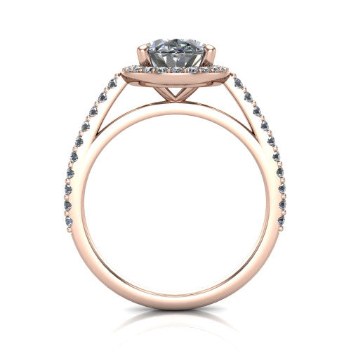 Oaklyn oval halo engagement ring in 14K Rose Gold, through-finger front profile showing the halo head, cathedral basket, and open under-gallery