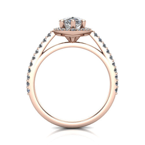 Oaklyn pear halo engagement ring in 14K Rose Gold, through-finger front profile showing the halo head, cathedral basket, and open under-gallery