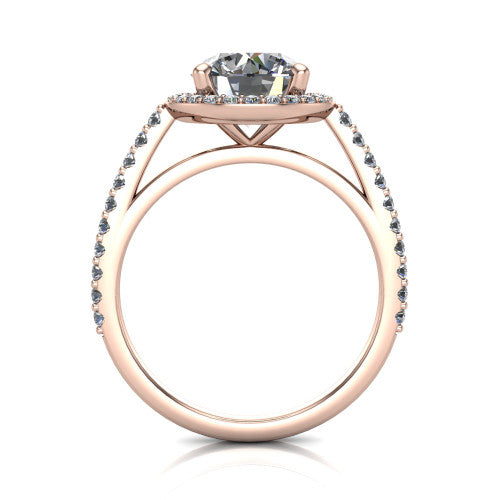 Oaklyn round halo engagement ring in 18K Rose Gold, through-finger front profile showing the halo head, cathedral basket, and open under-gallery