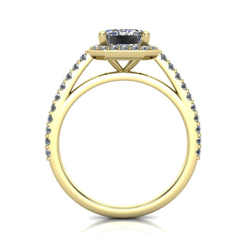 Oaklyn emerald halo engagement ring in 18K Yellow Gold, through-finger front profile showing the halo head, cathedral basket, and open under-gallery