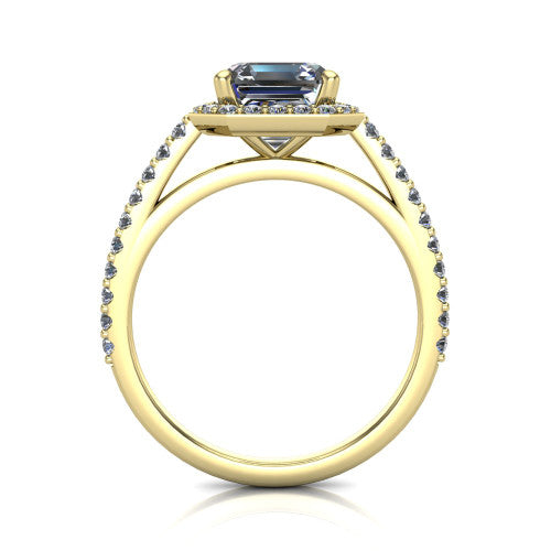 Oaklyn square emerald halo engagement ring in 18K Yellow Gold, through-finger front profile showing the halo head, cathedral basket, and open under-gallery