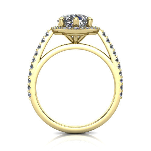 Oaklyn heart halo engagement ring in 18K Yellow Gold, through-finger front profile showing the halo head, cathedral basket, and open under-gallery