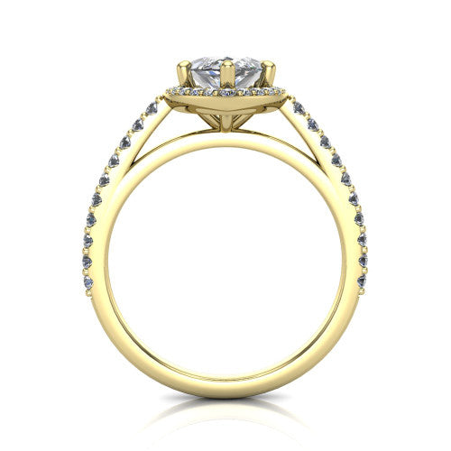 Oaklyn marquise halo engagement ring in 14K Yellow Gold, through-finger front profile showing the halo head, cathedral basket, and open under-gallery