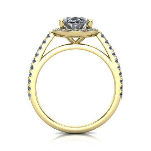 Oaklyn oval halo engagement ring in 18K Yellow Gold, through-finger front profile showing the halo head, cathedral basket, and open under-gallery