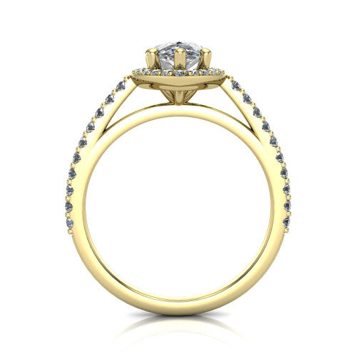 Oaklyn pear halo engagement ring in 14K Yellow Gold, through-finger front profile showing the halo head, cathedral basket, and open under-gallery
