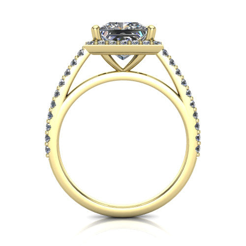 Oaklyn princess halo engagement ring in 18K Yellow Gold, through-finger front profile showing the halo head, cathedral basket, and open under-gallery