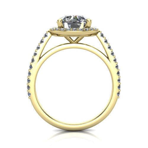 Oaklyn round halo engagement ring in 18K Yellow Gold, through-finger front profile showing the halo head, cathedral basket, and open under-gallery