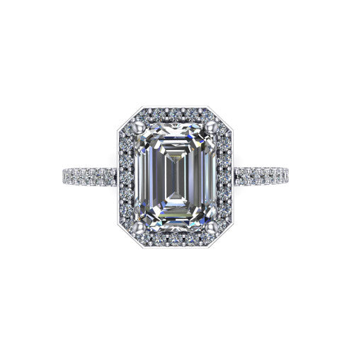 Oaklyn emerald halo engagement ring in 18K White Gold, top-down view showing the step-cut emerald center diamond framed by a pave diamond halo