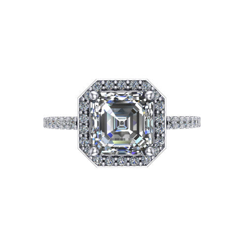 Oaklyn square emerald halo engagement ring in 18K White Gold, top-down view showing the step-cut square emerald center diamond framed by a pave diamond halo