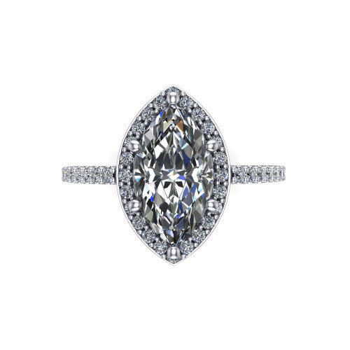 Oaklyn marquise halo engagement ring in 18K White Gold, top-down view showing the brilliant marquise center diamond framed by a pave diamond halo