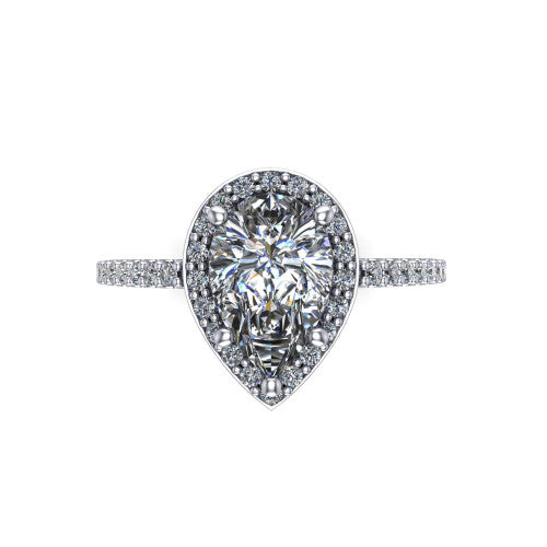 Oaklyn pear halo engagement ring in Platinum, top-down view showing the brilliant pear-cut center diamond framed by a pave diamond halo