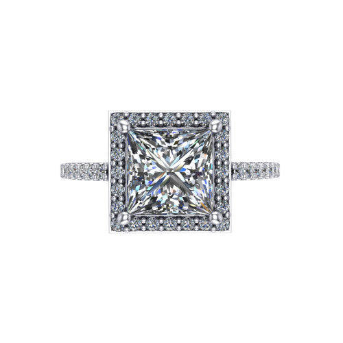 Oaklyn princess halo engagement ring in Platinum, top-down view showing the brilliant princess-cut center diamond framed by a pave diamond halo