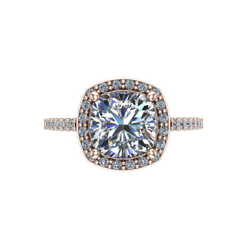 Oaklyn cushion halo engagement ring in 14K Rose Gold, top-down view showing the brilliant cushion-cut center diamond framed by a pave diamond halo