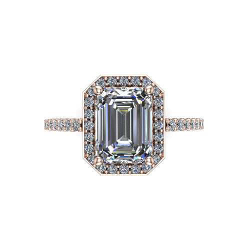 Oaklyn emerald halo engagement ring in 18K Rose Gold, top-down view showing the step-cut emerald center diamond framed by a pave diamond halo