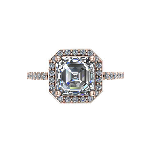 Oaklyn square emerald halo engagement ring in 14K Rose Gold, top-down view showing the step-cut square emerald center diamond framed by a pave diamond halo