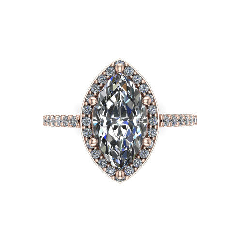 Oaklyn marquise halo engagement ring in 14K Rose Gold, top-down view showing the brilliant marquise center diamond framed by a pave diamond halo