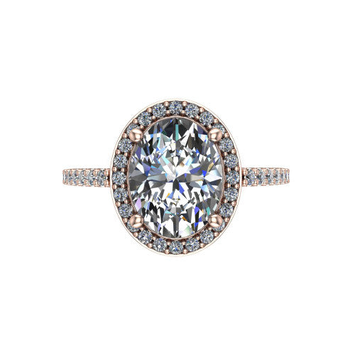 Oaklyn oval halo engagement ring in 18K Rose Gold, top-down view showing the brilliant oval center diamond framed by a pave diamond halo