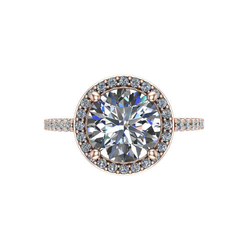 Oaklyn round halo engagement ring in 18K Rose Gold, top-down view showing the brilliant round center diamond framed by a pave diamond halo