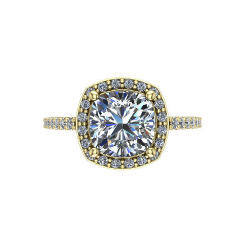 Oaklyn cushion halo engagement ring in 14K Yellow Gold, top-down view showing the brilliant cushion-cut center diamond framed by a pave diamond halo