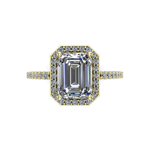 Oaklyn emerald halo engagement ring in 14K Yellow Gold, top-down view showing the step-cut emerald center diamond framed by a pave diamond halo