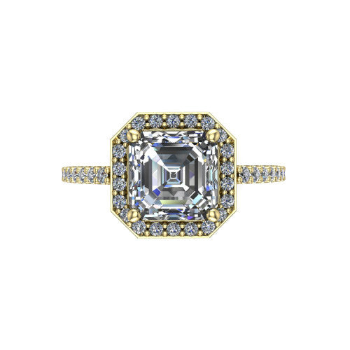 Oaklyn square emerald halo engagement ring in 14K Yellow Gold, top-down view showing the step-cut square emerald center diamond framed by a pave diamond halo