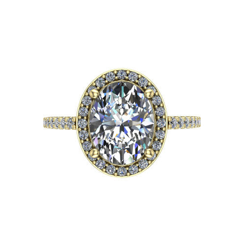 Oaklyn oval halo engagement ring in 18K Yellow Gold, top-down view showing the brilliant oval center diamond framed by a pave diamond halo