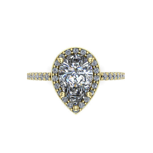 Oaklyn pear halo engagement ring in 18K Yellow Gold, top-down view showing the brilliant pear-cut center diamond framed by a pave diamond halo