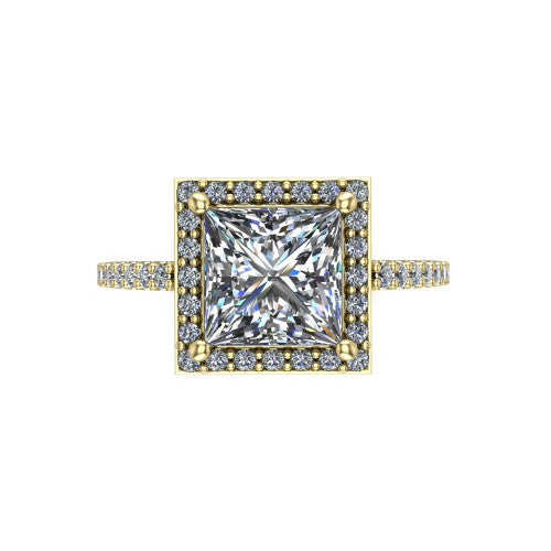 Oaklyn princess halo engagement ring in 14K Yellow Gold, top-down view showing the brilliant princess-cut center diamond framed by a pave diamond halo